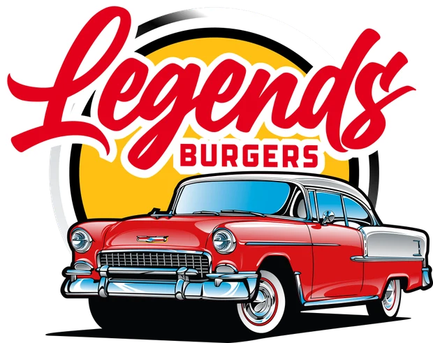 Legends Burgers logo: red script lettering over a yellow sun, above a classic red 1955 Chevrolet